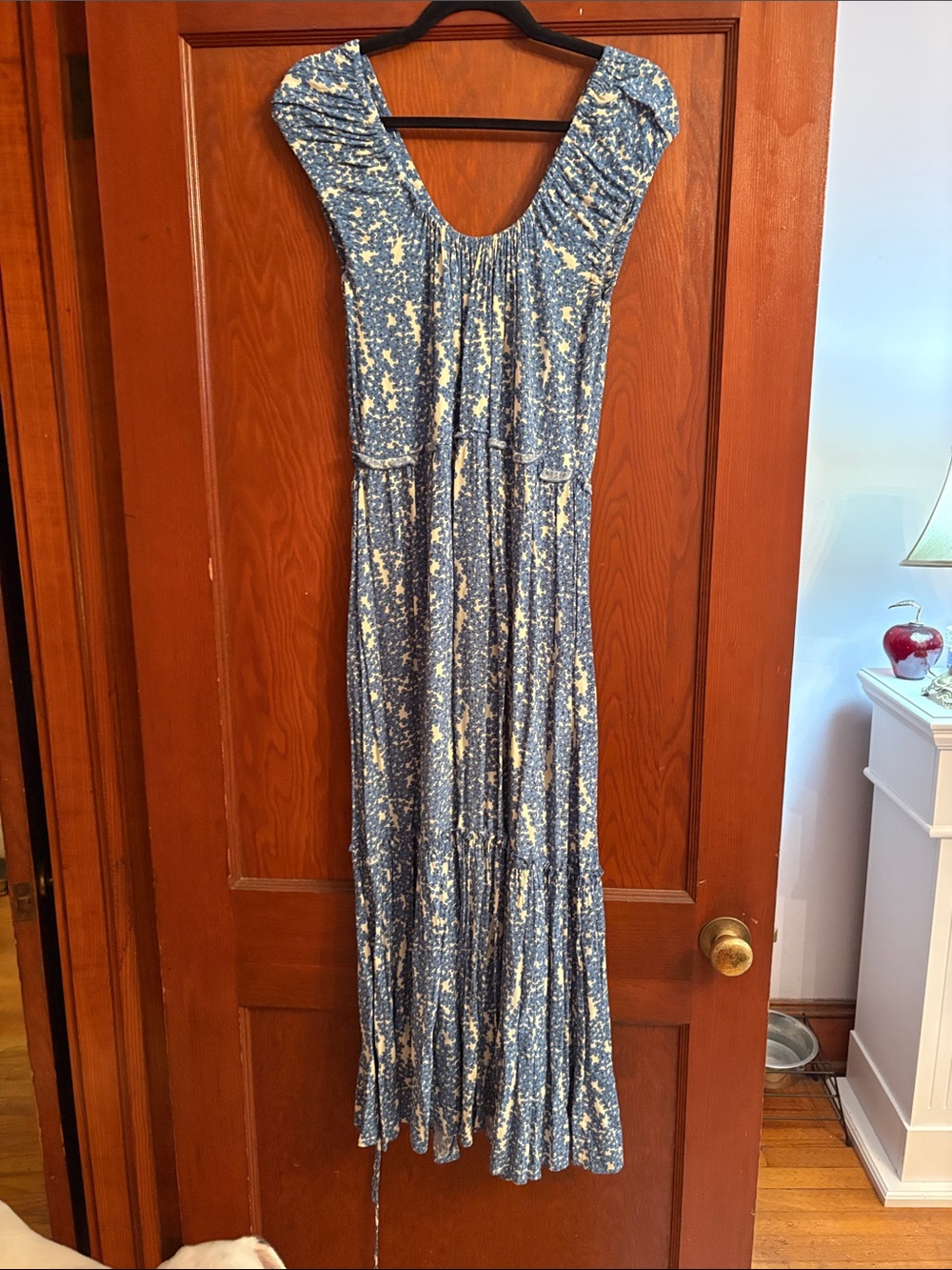 Karen Kane Blue Floral Print Maxi Dress Tie Waist